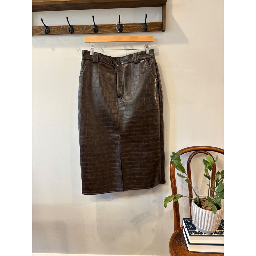 HM Dark Brown Croc Embossed Faux Leather Midi Skirt Front Slit Womens 10 NEW
